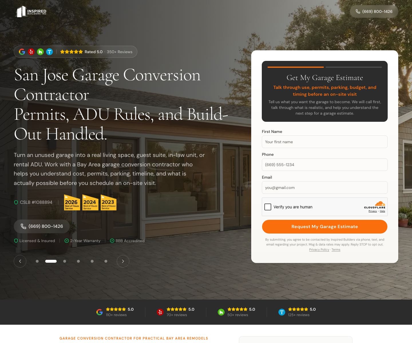 Inspired Builders live Garage landing page with Get My Garage Estimate