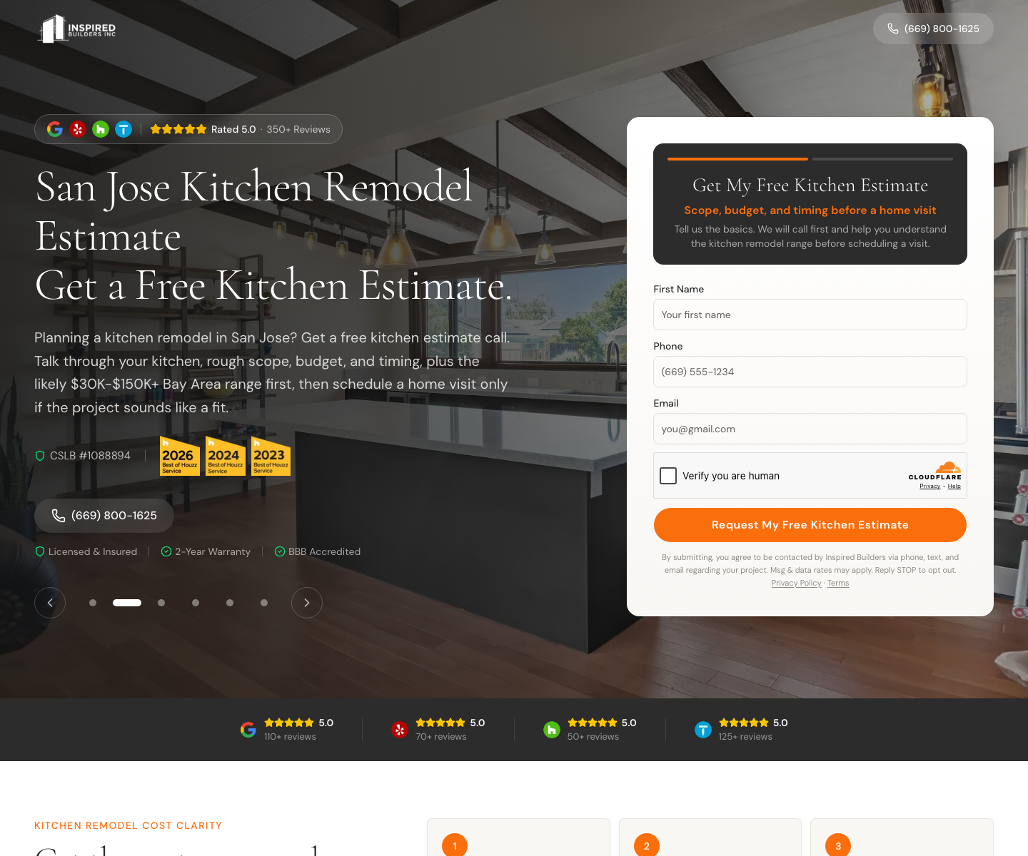 Inspired Builders live Kitchen landing page with Get My Free Kitchen Estimate