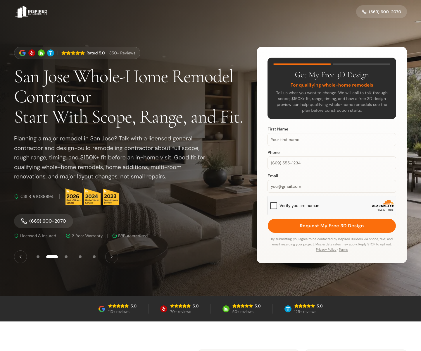 Inspired Builders live Whole Home landing page with Get My Free 3D Design